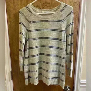 MADEWELL Split Hem Striped Crew Neck Sweater Oatmeal/Blue Small